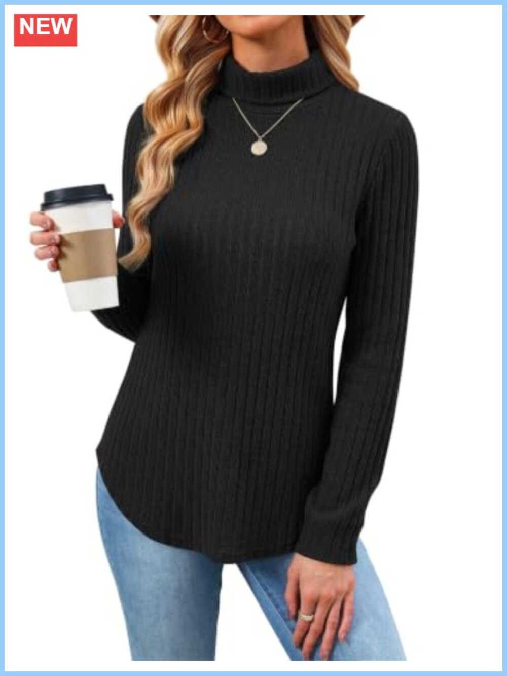 Turtleneck Tunic Sweater Long Sleeve Pullover Curved Hem Knit Top